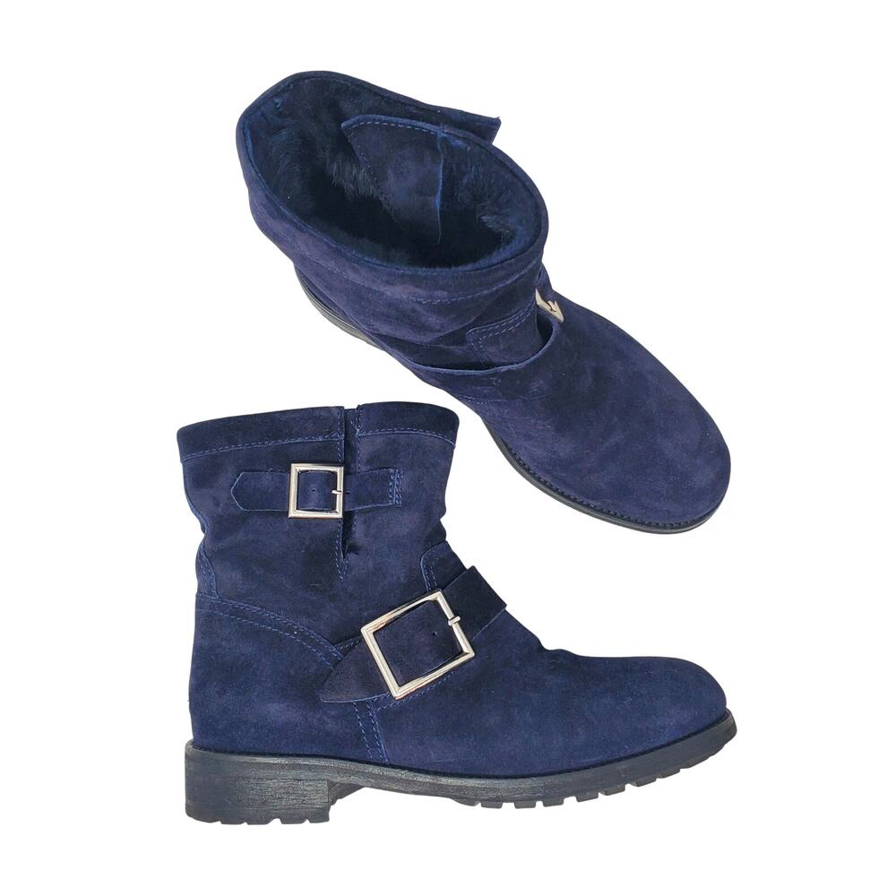 Jimmy Choo London Youth Short Buckle Moto Boots Ankle Booties Navy Suede Size 37